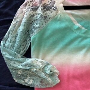 Simply Styled Women's Lace Tie Dye Sleeve Ombre Top - Pink and Green